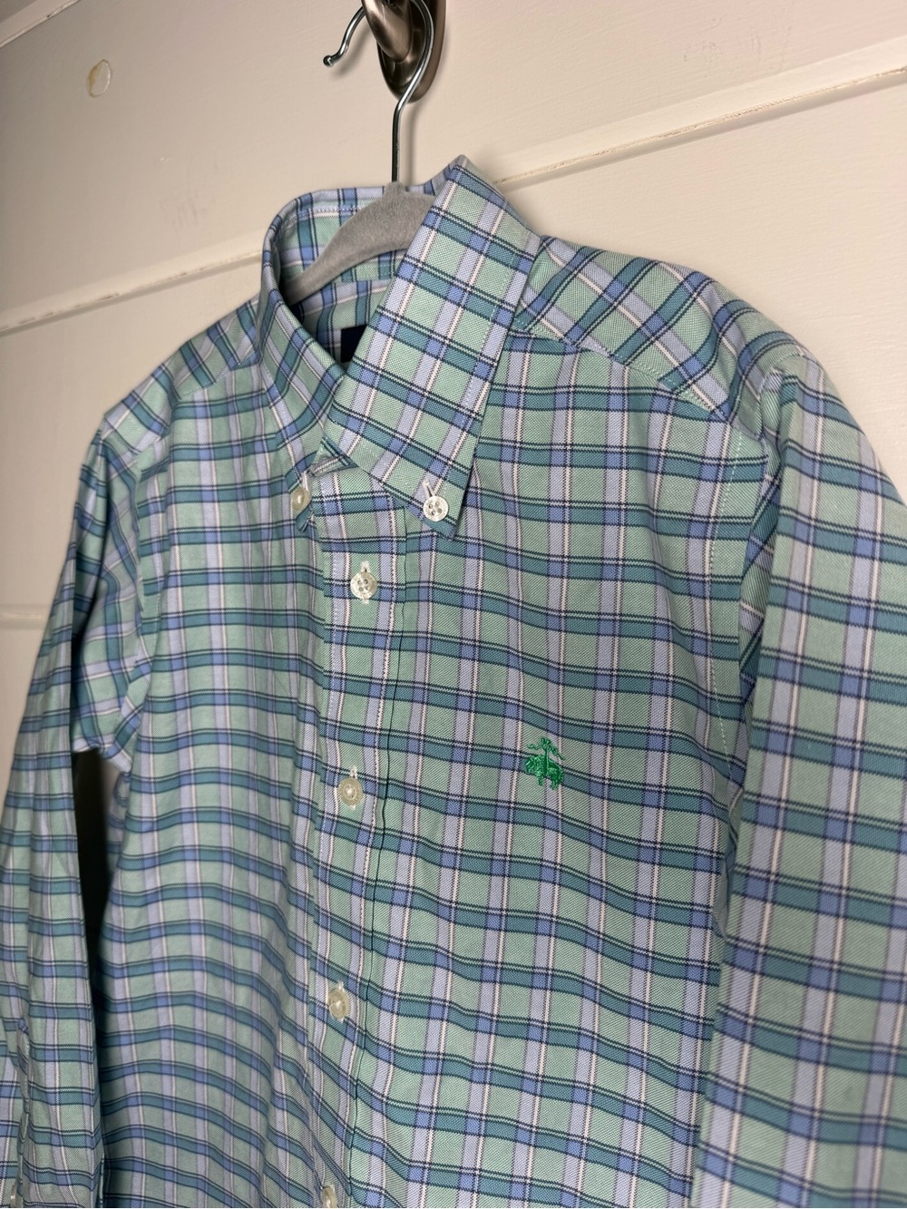 Brooks Brothers Fleece | Boys Blue Green Plaid Button Down Shirt | Size Small